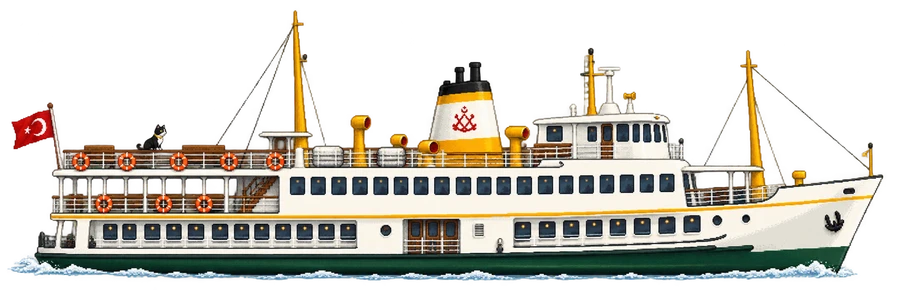 An Istanbul ferry crossing the Bosphorus, with the cat on board