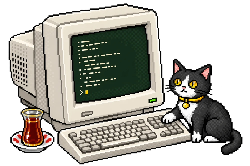 The tuxedo cat at a retro computer, with a glass of Turkish tea beside the keyboard