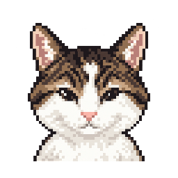 Front-facing pixel portrait of a white and brown tabby cat