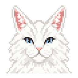 Front-facing pixel portrait of a white Ankara cat with blue eyes